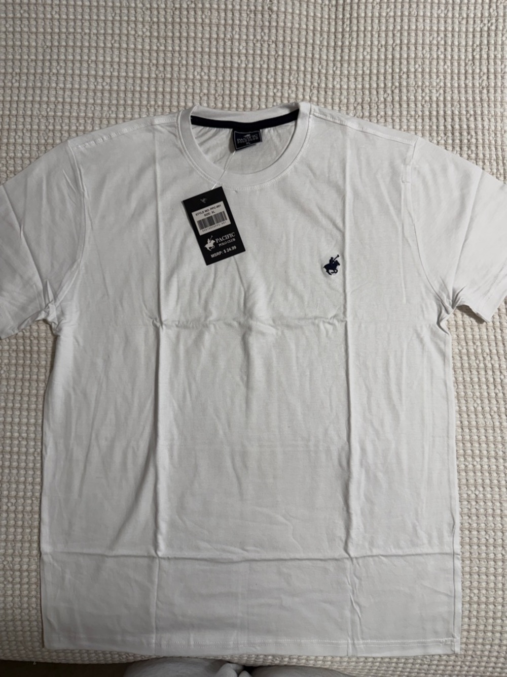 Pacifica Men's White Short-Sleeve Crew T-Shirt with Navy Pony Logo